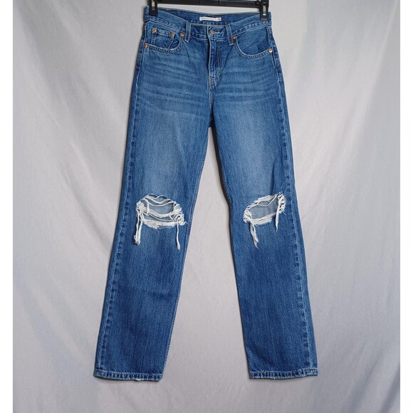 Levi's Low Pro Straight Jeans Womens 26 Blue Distressed Ripped Knee Denim Pants - Picture 1 of 16